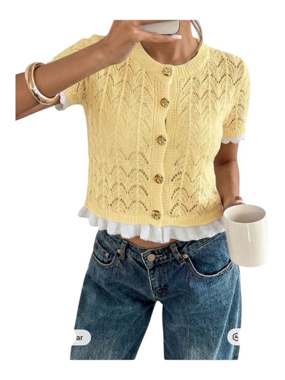 Yellow Knit Button-Front Short Sleeve Cardigan with White Ruffle Trim